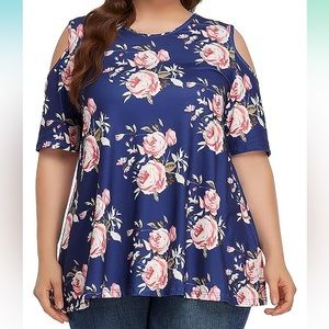 Beautiful Navy Blue Floral Cold Shoulder Top- Size 14- Like New